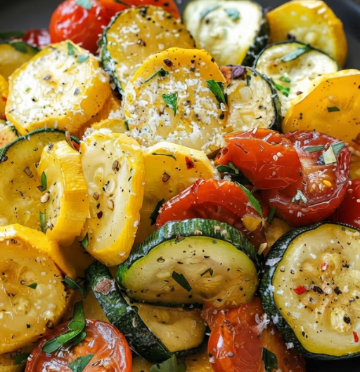 Roasted Garlic Parmesan Zucchini, Squash, and Tomatoes